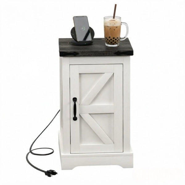 English Elm Multi-Functional Farmhouse Nightstand with Barn Door Cabinet and Built-In Power Hub T3971P545851