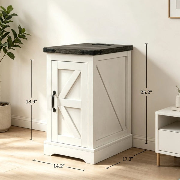English Elm Multi-Functional Farmhouse Nightstand with Barn Door Cabinet and Built-In Power Hub T3971P545851