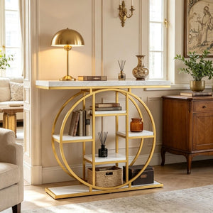 English Elm Modern Gold Frame Console Table with Marble Effect Shelving for Entryway or Living Room T3971P548430
