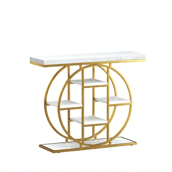 English Elm Modern Gold Frame Console Table with Marble Effect Shelving for Entryway or Living Room T3971P548430