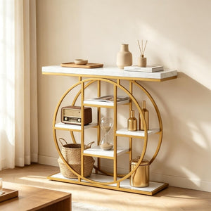 English Elm Modern Gold Frame Console Table with Marble Effect Shelving for Entryway or Living Room T3971P548430