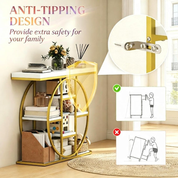 English Elm Modern Gold Frame Console Table with Marble Effect Shelving for Entryway or Living Room T3971P548430