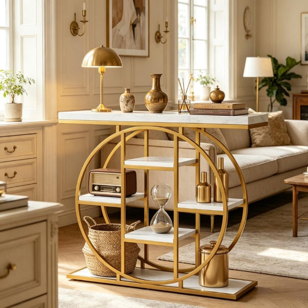 English Elm Modern Gold Frame Console Table with Marble Effect Shelving for Entryway or Living Room T3971P548430