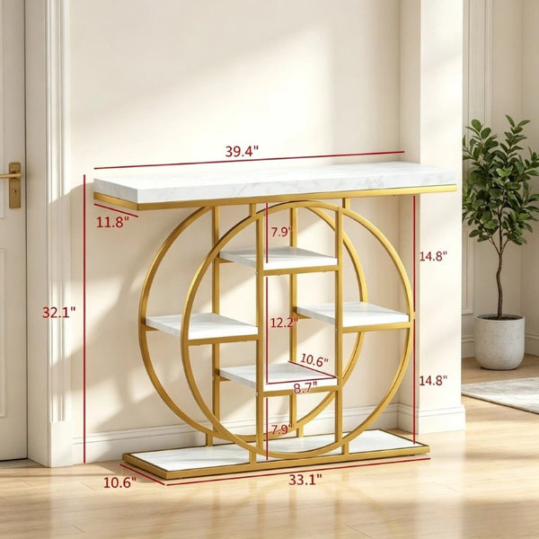 English Elm Modern Gold Frame Console Table with Marble Effect Shelving for Entryway or Living Room T3971P548430