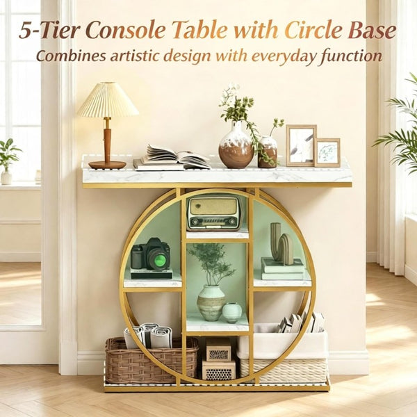 English Elm Modern Gold Frame Console Table with Marble Effect Shelving for Entryway or Living Room T3971P548430