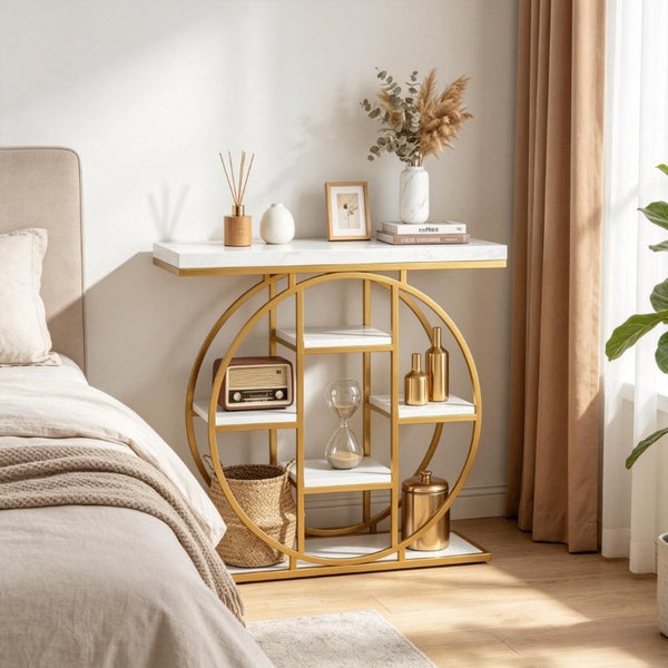 English Elm Modern Gold Frame Console Table with Marble Effect Shelving for Entryway or Living Room T3971P548430