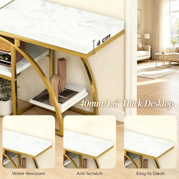 English Elm Modern Gold Frame Console Table with Marble Effect Shelving for Entryway or Living Room T3971P548430