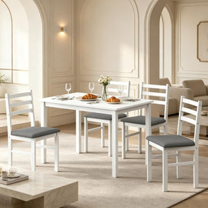 English Elm Compact Farmhouse 5 Piece Dining Set with Rubberwood Legs and Upholstered Slat Back Chairs T3971P548581