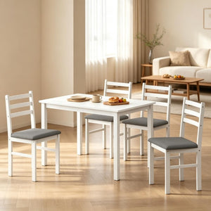 English Elm Compact Farmhouse 5 Piece Dining Set with Rubberwood Legs and Upholstered Slat Back Chairs T3971P548581
