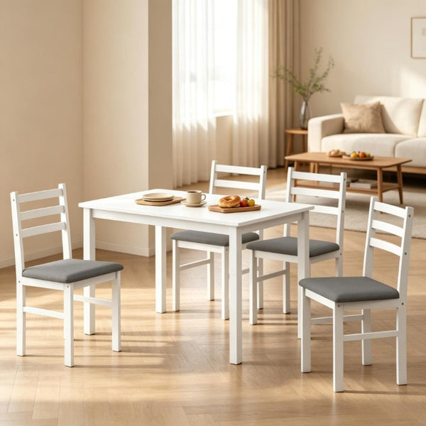 English Elm Compact Farmhouse 5 Piece Dining Set with Rubberwood Legs and Upholstered Slat Back Chairs T3971P548581
