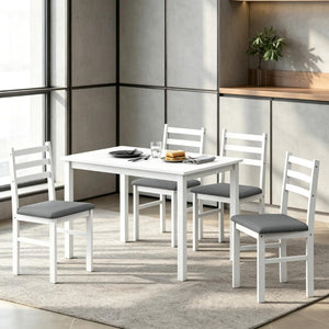 English Elm Compact Farmhouse 5 Piece Dining Set with Rubberwood Legs and Upholstered Slat Back Chairs T3971P548581