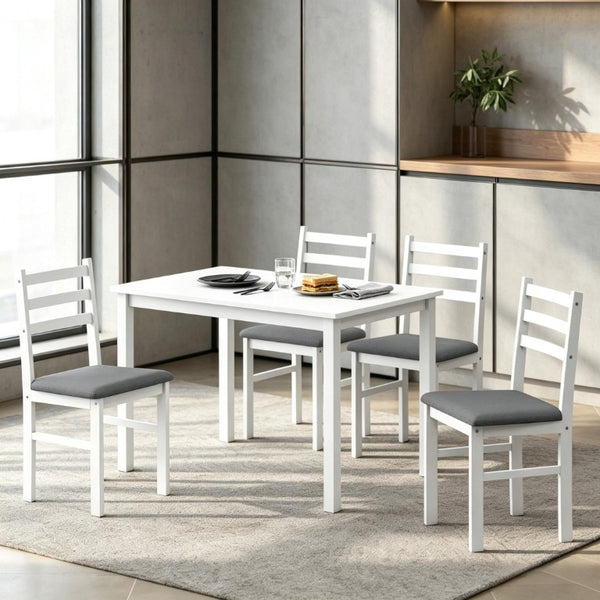 English Elm Compact Farmhouse 5 Piece Dining Set with Rubberwood Legs and Upholstered Slat Back Chairs T3971P548581