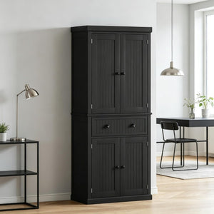 English Elm Tall Farmhouse Pantry Cabinet with Beadboard Back Matte Black Finish and Adjustable Shelving T3971P548596