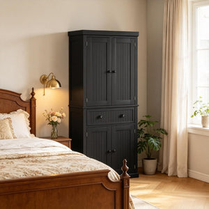 English Elm Tall Farmhouse Pantry Cabinet with Beadboard Back Matte Black Finish and Adjustable Shelving T3971P548596