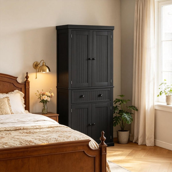 English Elm Tall Farmhouse Pantry Cabinet with Beadboard Back Matte Black Finish and Adjustable Shelving T3971P548596