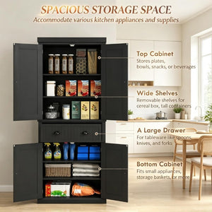 English Elm Tall Farmhouse Pantry Cabinet with Beadboard Back Matte Black Finish and Adjustable Shelving T3971P548596