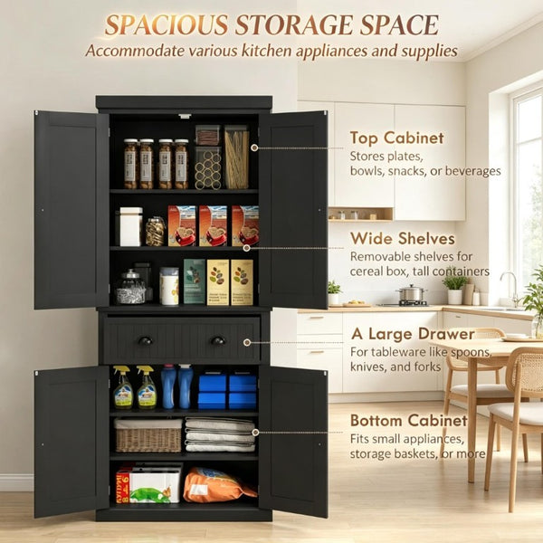 English Elm Tall Farmhouse Pantry Cabinet with Beadboard Back Matte Black Finish and Adjustable Shelving T3971P548596