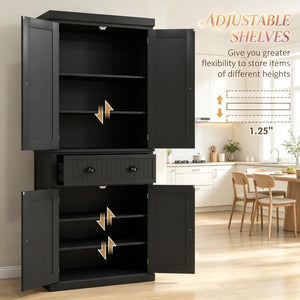 English Elm Tall Farmhouse Pantry Cabinet with Beadboard Back Matte Black Finish and Adjustable Shelving T3971P548596
