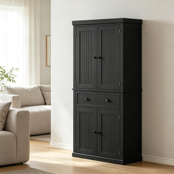 English Elm Tall Farmhouse Pantry Cabinet with Beadboard Back Matte Black Finish and Adjustable Shelving T3971P548596