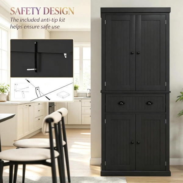 English Elm Tall Farmhouse Pantry Cabinet with Beadboard Back Matte Black Finish and Adjustable Shelving T3971P548596