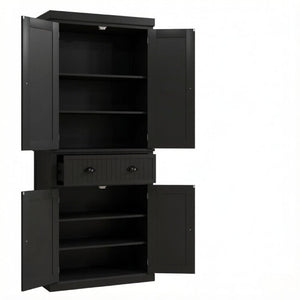 English Elm Tall Farmhouse Pantry Cabinet with Beadboard Back Matte Black Finish and Adjustable Shelving T3971P548596