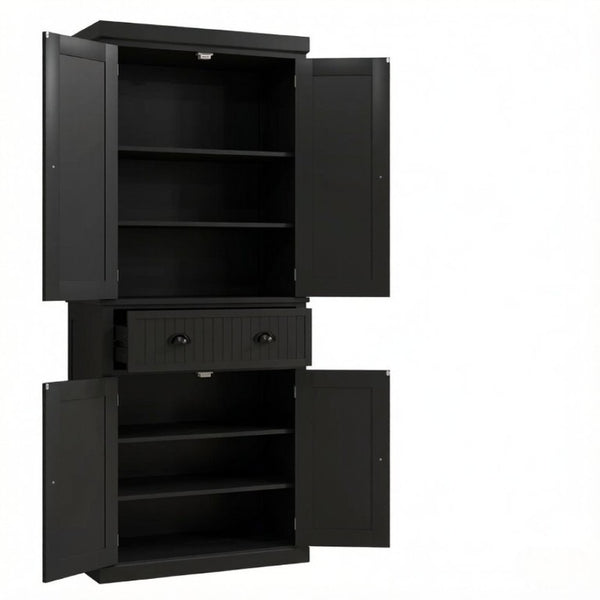 English Elm Tall Farmhouse Pantry Cabinet with Beadboard Back Matte Black Finish and Adjustable Shelving T3971P548596