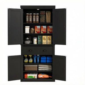 English Elm Tall Farmhouse Pantry Cabinet with Beadboard Back Matte Black Finish and Adjustable Shelving T3971P548596