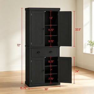 English Elm Tall Farmhouse Pantry Cabinet with Beadboard Back Matte Black Finish and Adjustable Shelving T3971P548596