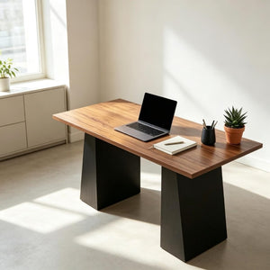 English Elm Contemporary Walnut Writing Desk with Sculptural Trapezoidal Base for Home Office T3971P549048