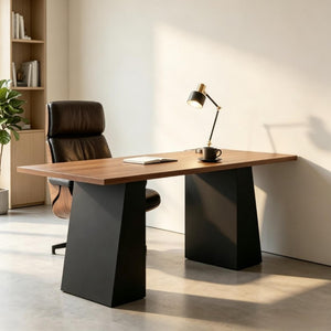 English Elm Contemporary Walnut Writing Desk with Sculptural Trapezoidal Base for Home Office T3971P549048