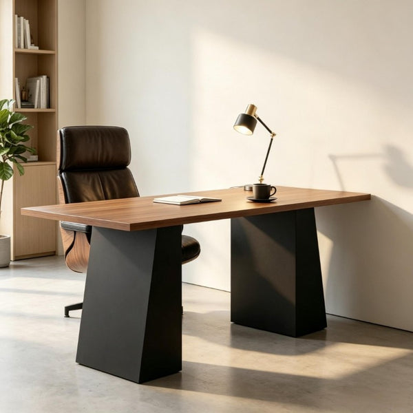 English Elm Contemporary Walnut Writing Desk with Sculptural Trapezoidal Base for Home Office T3971P549048