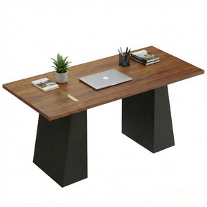English Elm Contemporary Walnut Writing Desk with Sculptural Trapezoidal Base for Home Office T3971P549048