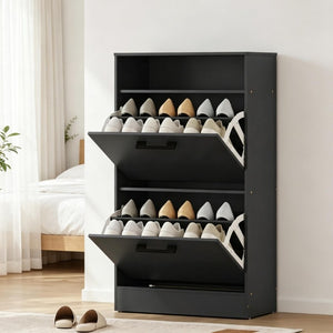 English Elm Slim Matte Black Entryway Shoe Cabinet with Flip Drawers Holds 12 Pairs Dust Free T3971P549241