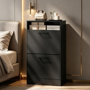 English Elm Slim Matte Black Entryway Shoe Cabinet with Flip Drawers Holds 12 Pairs Dust Free T3971P549241