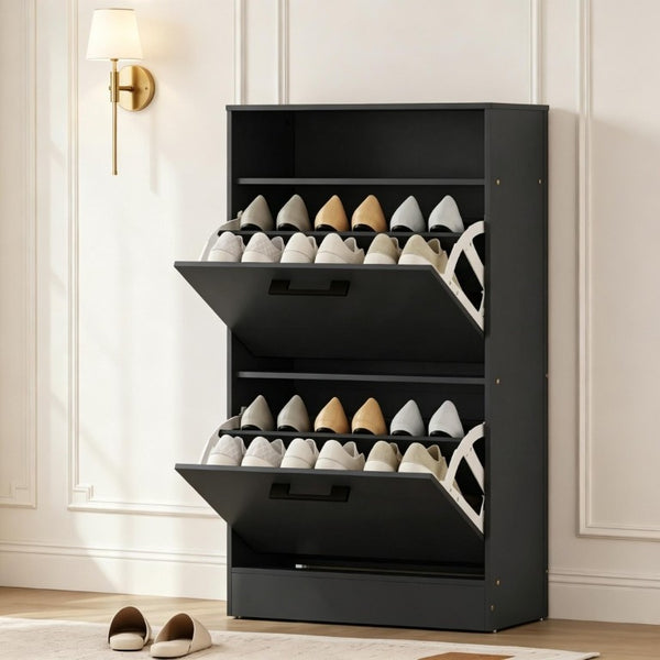 English Elm Slim Matte Black Entryway Shoe Cabinet with Flip Drawers Holds 12 Pairs Dust Free T3971P549241