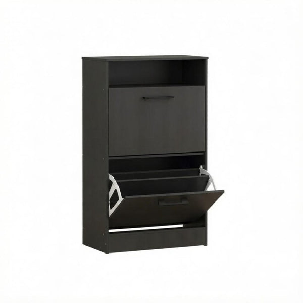 English Elm Slim Matte Black Entryway Shoe Cabinet with Flip Drawers Holds 12 Pairs Dust Free T3971P549241