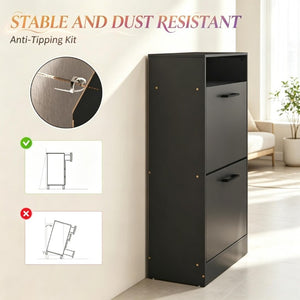 English Elm Slim Matte Black Entryway Shoe Cabinet with Flip Drawers Holds 12 Pairs Dust Free T3971P549241