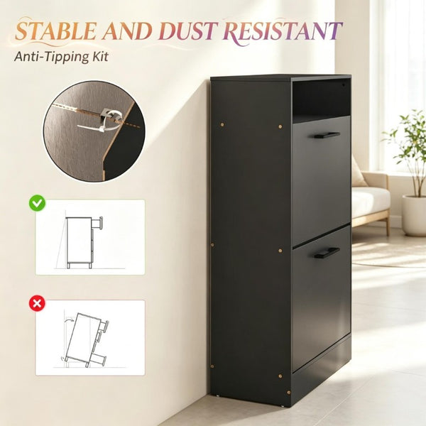 English Elm Slim Matte Black Entryway Shoe Cabinet with Flip Drawers Holds 12 Pairs Dust Free T3971P549241