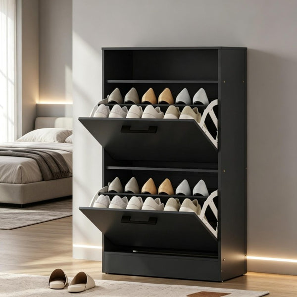 English Elm Slim Matte Black Entryway Shoe Cabinet with Flip Drawers Holds 12 Pairs Dust Free T3971P549241