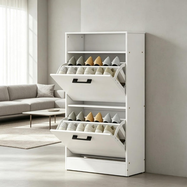 English Elm Shoe Cabinet with Flip Down Doors Slim White Entryway Organizer for 12 Pairs T3971P549861
