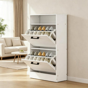 English Elm Shoe Cabinet with Flip Down Doors Slim White Entryway Organizer for 12 Pairs T3971P549861