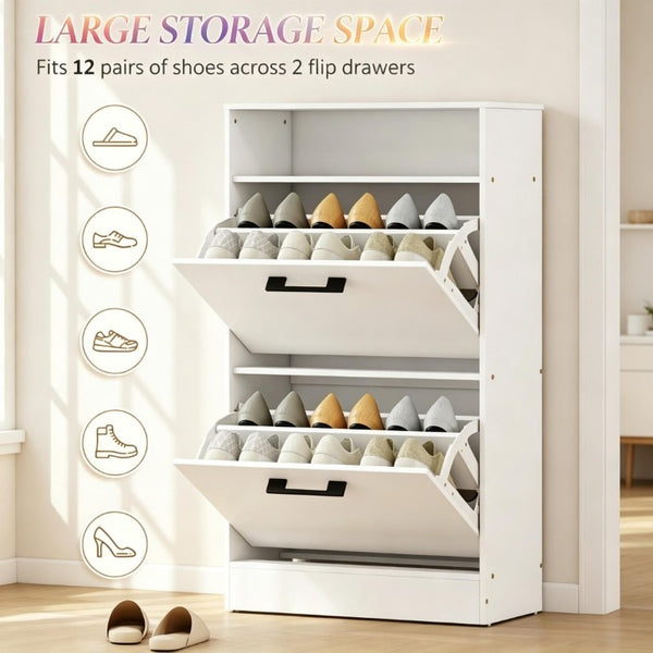 English Elm Shoe Cabinet with Flip Down Doors Slim White Entryway Organizer for 12 Pairs T3971P549861