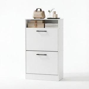 English Elm Shoe Cabinet with Flip Down Doors Slim White Entryway Organizer for 12 Pairs T3971P549861