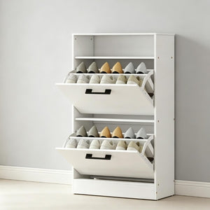 English Elm Shoe Cabinet with Flip Down Doors Slim White Entryway Organizer for 12 Pairs T3971P549861