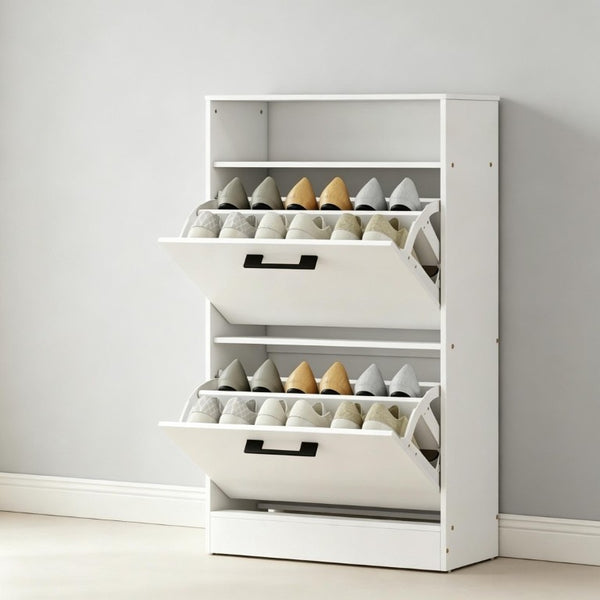 English Elm Shoe Cabinet with Flip Down Doors Slim White Entryway Organizer for 12 Pairs T3971P549861