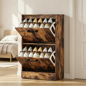 English Elm Shoe Cabinet Rustic Entryway Organizer with Flip Drawers Holding 12 Pairs Neatly Rustic Brown T3971P549873