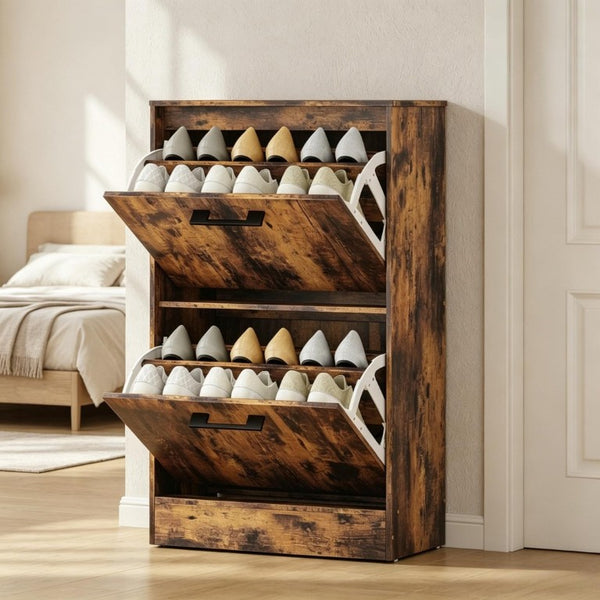 English Elm Shoe Cabinet Rustic Entryway Organizer with Flip Drawers Holding 12 Pairs Neatly Rustic Brown T3971P549873