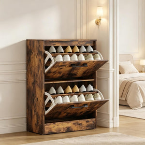 English Elm Shoe Cabinet Rustic Entryway Organizer with Flip Drawers Holding 12 Pairs Neatly Rustic Brown T3971P549873