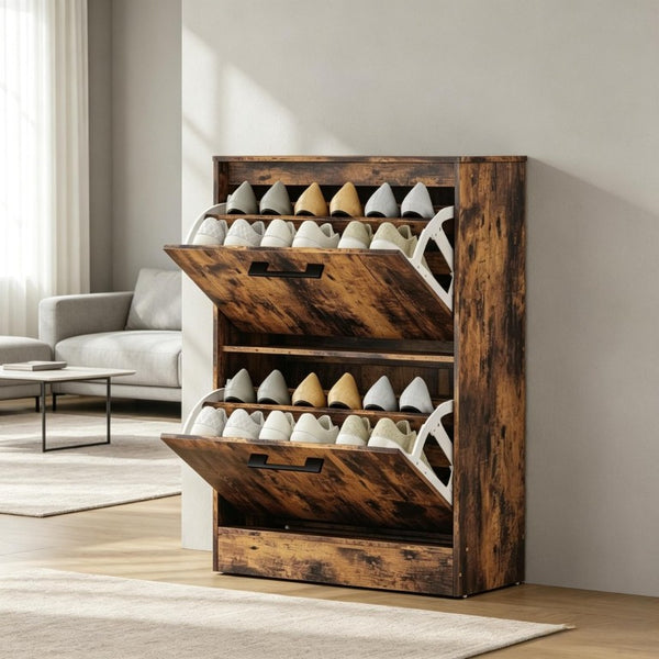 English Elm Shoe Cabinet Rustic Entryway Organizer with Flip Drawers Holding 12 Pairs Neatly Rustic Brown T3971P549873