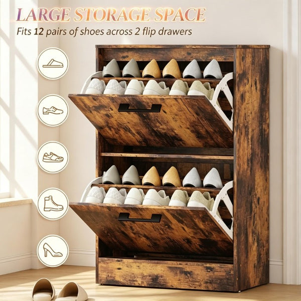 English Elm Shoe Cabinet Rustic Entryway Organizer with Flip Drawers Holding 12 Pairs Neatly Rustic Brown T3971P549873